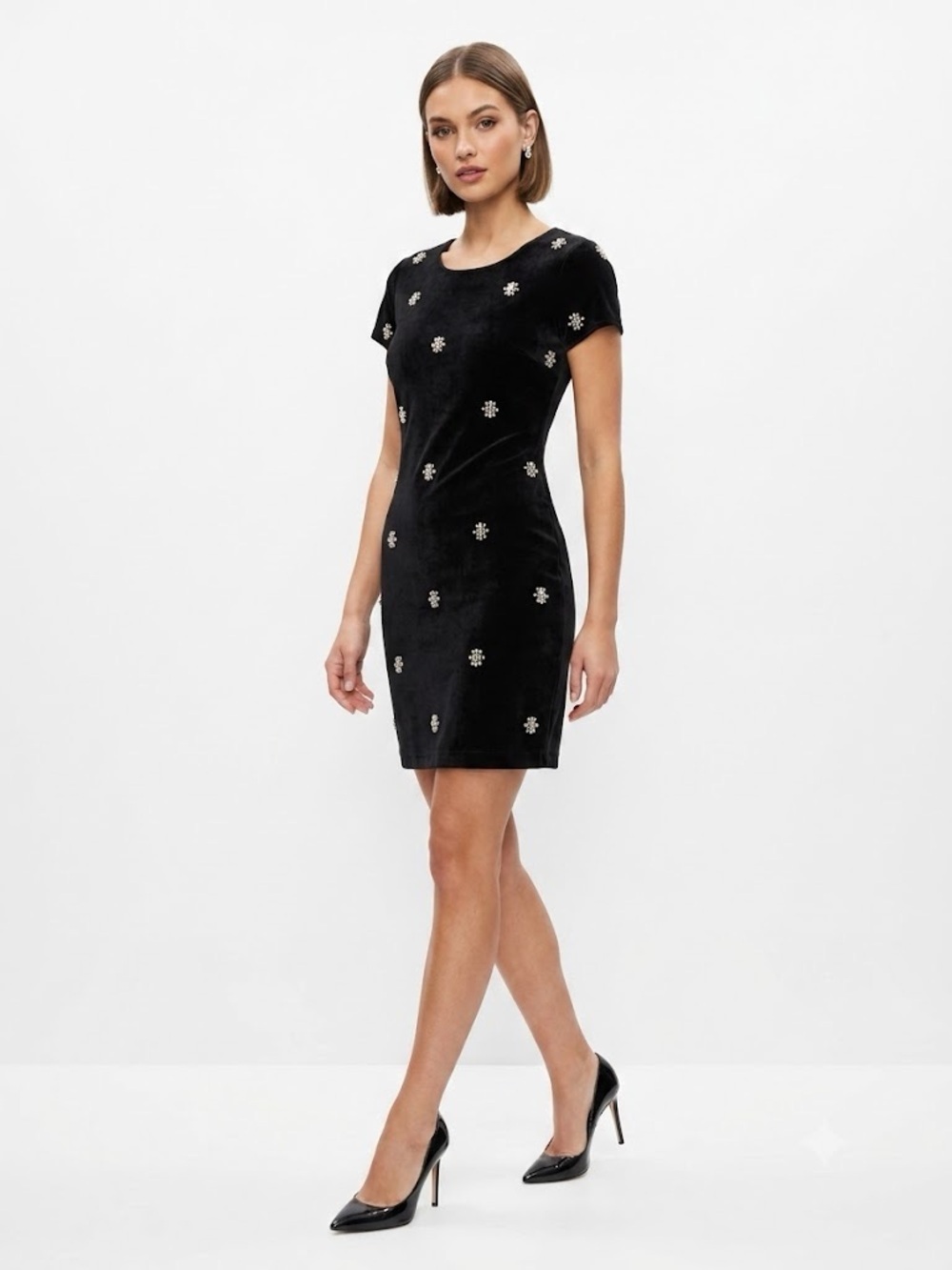 Jude Connally Ella Black Velvet Rhinestone Embellished Mini Dress Small